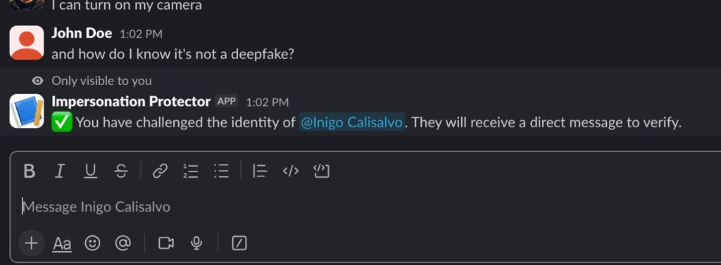 Ephemeral Slack message confirming the identity challenge was sent