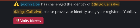 Impersonation Protector DM notifying Inigo of the identity challenge with a Verify Identity button