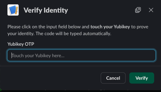 Verify Identity modal with YubiKey OTP input field ready for touch