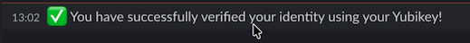 Bot DM confirming successful YubiKey identity verification