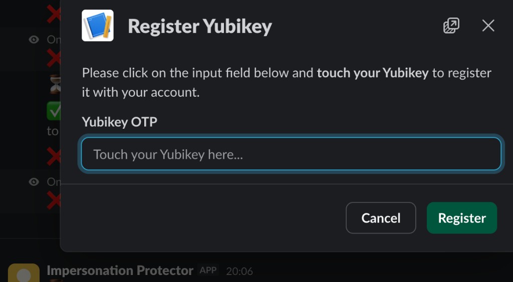 Register Yubikey modal with empty OTP input field